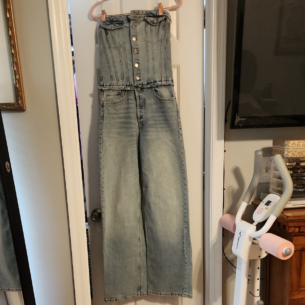 Zara Light Blue Denim Strapless Jumpsuit